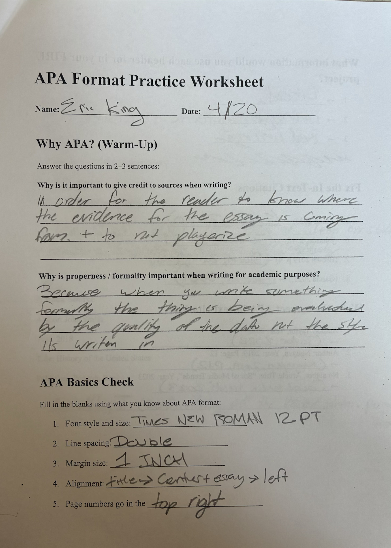 APA Format Practice Worksheet, page 1, with handwritten answers about why sources get credit and APA basics