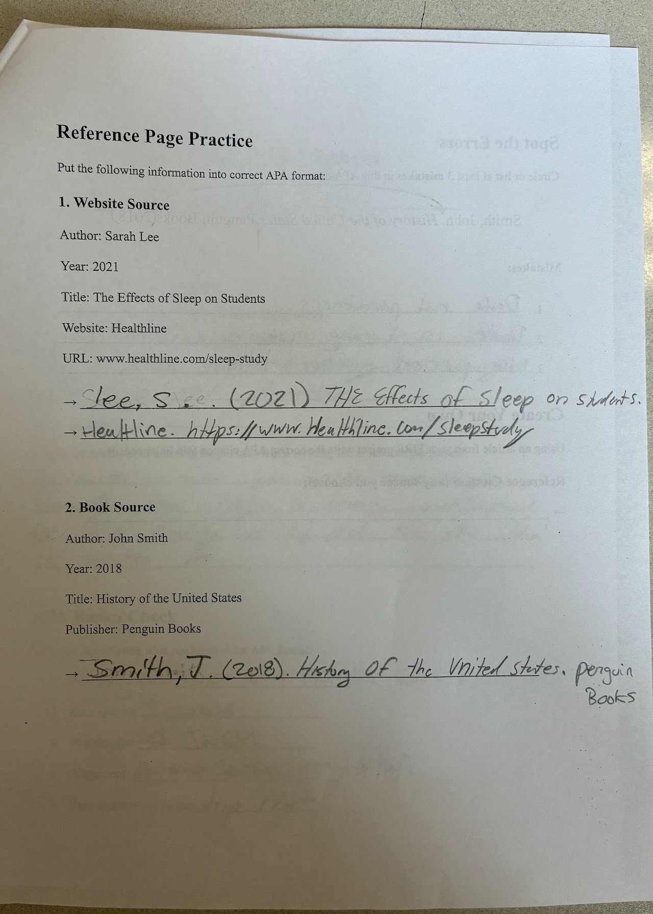 APA Format Practice Worksheet, page 3, handwritten