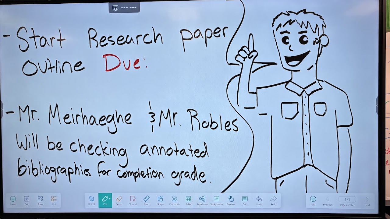 Whiteboard drawing of Max pointing up next to a note: start research paper outline, annotated bibliographies will be checked for a completion grade